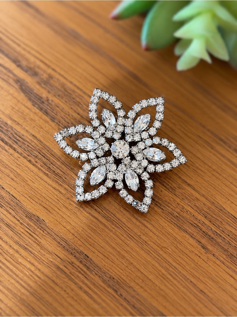 Vintage Clear Rhinestone Flower Brooch – Silver Tone Statement Floral Pin